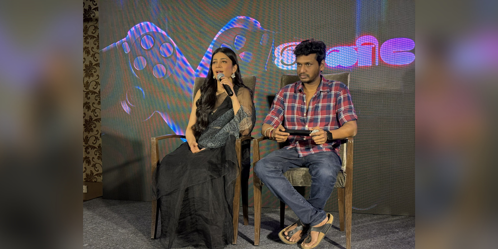Inimel music video: Shruti Haasan and Lokesh Kanagaraj addressing the media in Chennai on 25 March