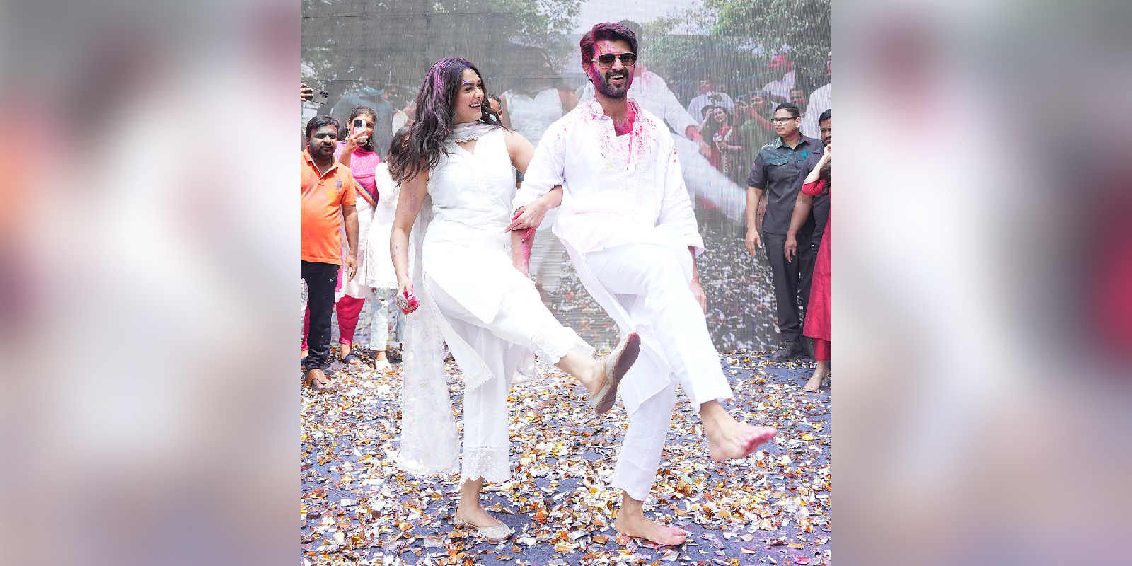 Mrunal Thakur and Vijay Deverakonda grooving to 'Madhuramu Kadha' song, which their launched at Holi celebrations in Hyderabad