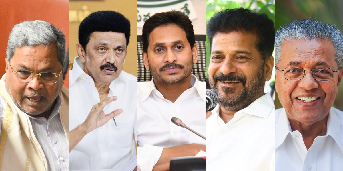 From left: Karnataka Chief Minister Siddaramaiah, Tamil Nadu Chief Minister MK Stalin, Andhra Pradesh Chief Minister YS Jagan Mohan Reddy, Telangana Chief Minster A Revanth Reddy, and Kerala Chief Minister Pinarayi Vijayan.