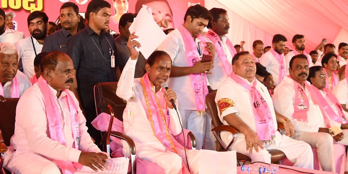 BRS chief K Chandrashekar Rao at a rally in Chevella on Saturday, 13 April, 2024.
