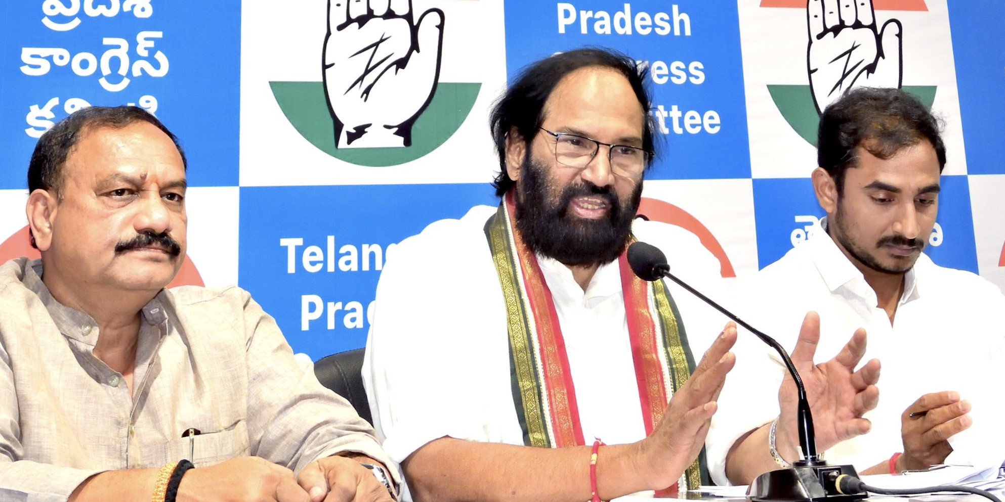 Telangana Irrigation Minister Uttam Kumar Reddy talks to reporters in Hyderabd on Monday, 1 April, 2024.