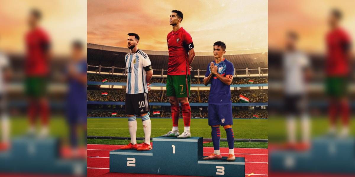 FIFA shared a graphic-generated photo of Sunil Chhetri sharing the podium with football superstars Cristiano Ronaldo and Lionel Messi as the three leading active international goal-scorers. (FIFA/X)