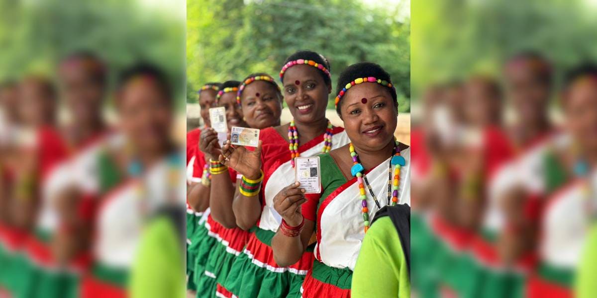 One of the standout features of the 2024 elections was the heightened engagement of female voters. Pictured, women voters at an ethnic polling station in Garadolli village in Uttara Kannada. (CEO Karnataka/X)