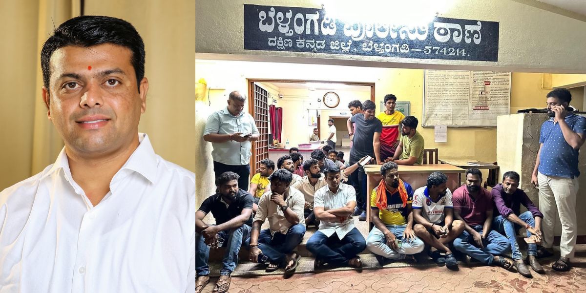 [Left] File photo of BJP MLA Harish Poonja, who has been booked, and [right] Poonja sitting for a protest in front of Belthangady Police Station in the early hours of Sunday, 19 May, 2024.