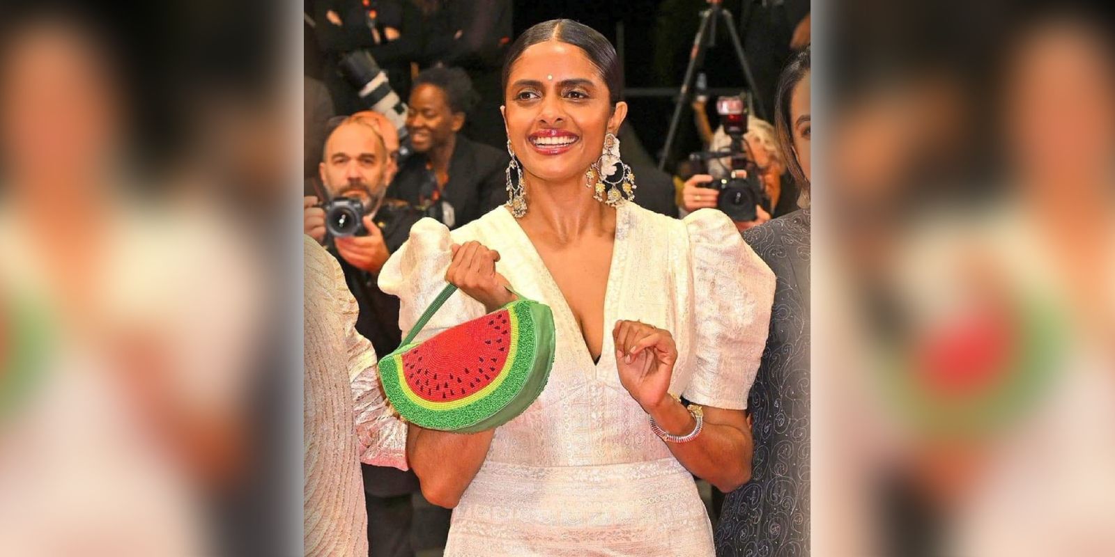 Kani Kusruti with her watermelon cluthc at the Cannes