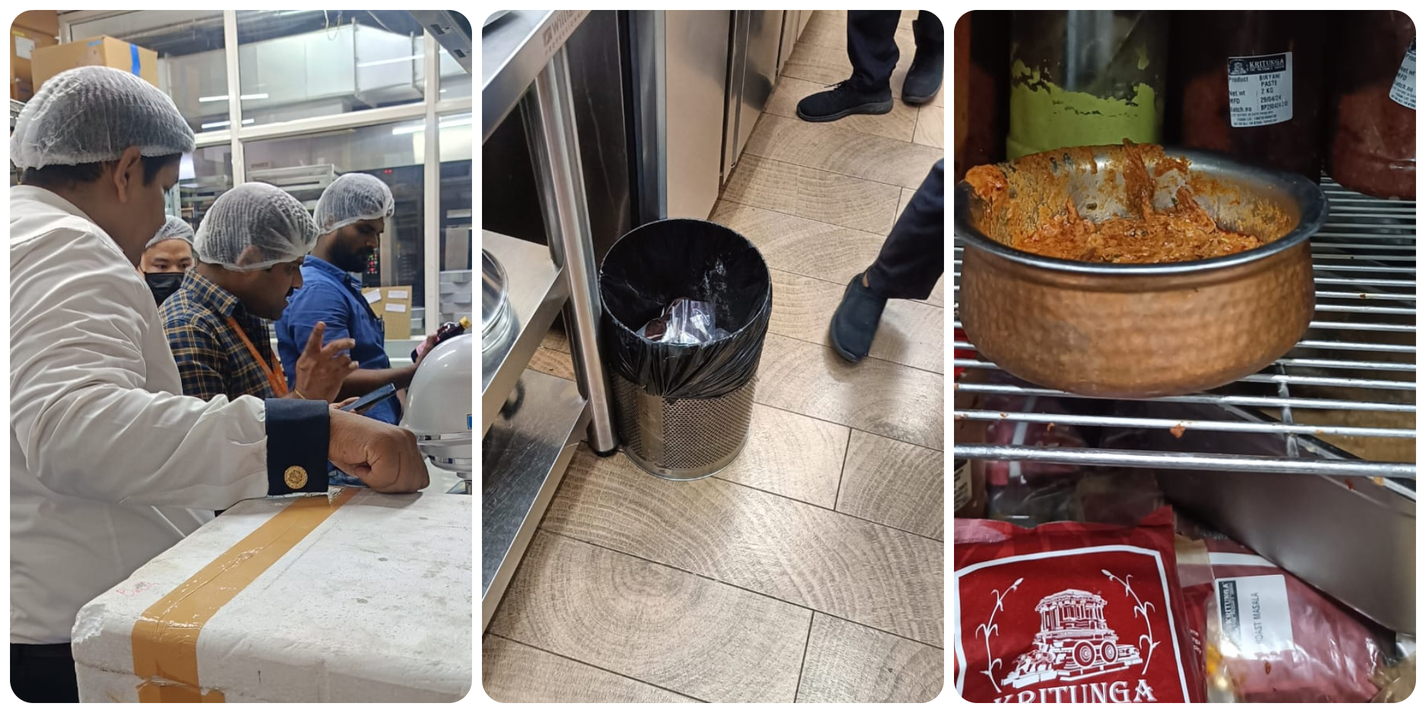 From left: Telangana Food Safety Department task force officials at work, an open-lid bin at an establishment, and improperly stored masala paste that the team discovered.