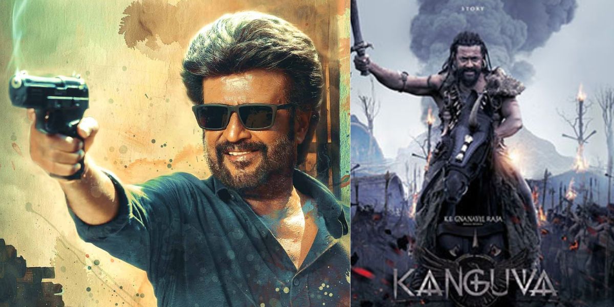 Rajinikanth in 'Vettaiyan' poster; Suriya in 'Kanguva'. (X)