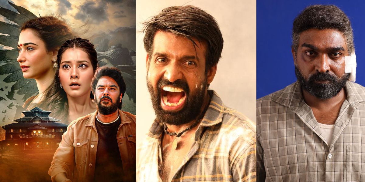A collage of stills from 'Aranmanai', 'Garudan', and 'Maharaja'. (Supplied)