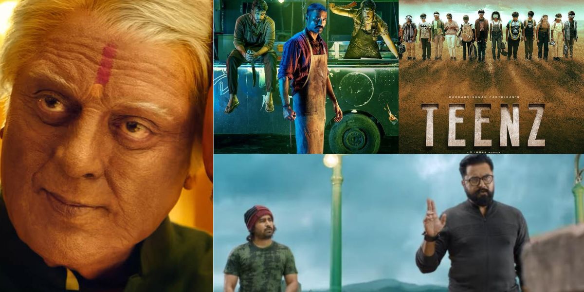 A collage of stills from 'Indian 2', 'Raayan', 'Mazhai Pidikkadha Manithan', and 'Teenz'. (Supplied)