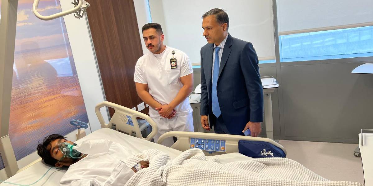 Adarsh Swaika, Indian Ambassador to Kuwait, visiting the injured at Jahra Hospital. (India in Kuwait/X)