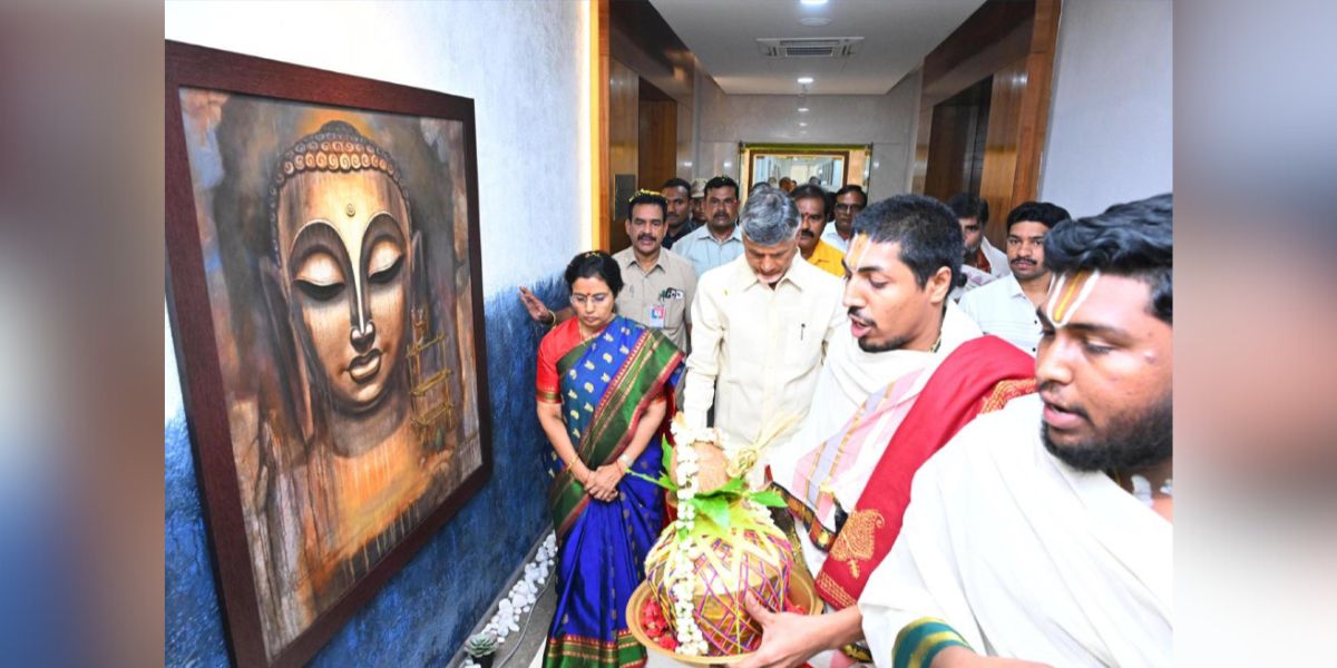 Chandrababu Naidu at Buddha portrait in the Secretariat in Amaravati. (supplied)