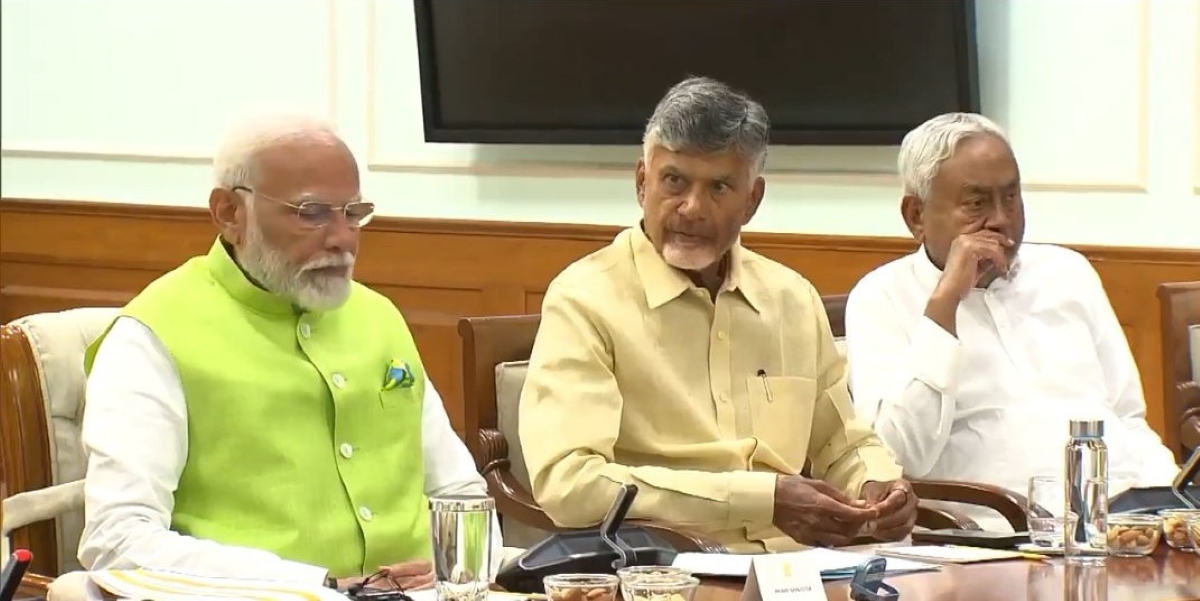 Chandrababu Naidu with Narendra Modi and Bihar CM Nitish Kumar during NDA meeting. (X)