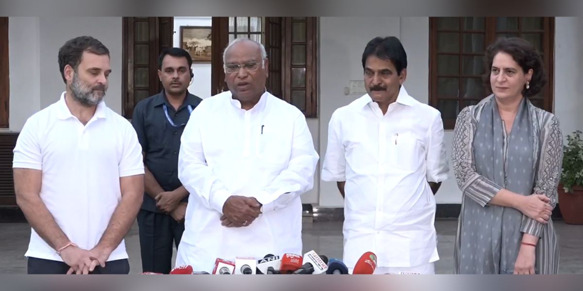 Congress leaders Rahul Gandhi, Mallikarjun Kharge, KC Venugopal and Priyanka Gandhi speaking to reporters.
