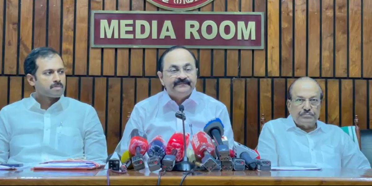 LoP VD Satheesan addressing a press conference.