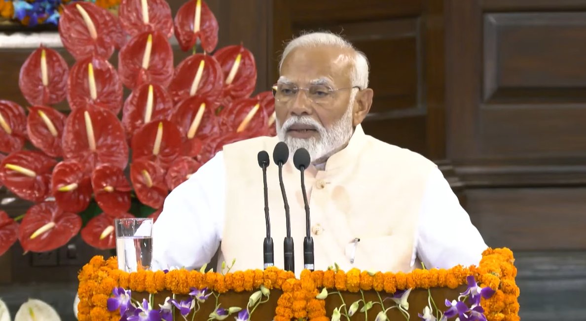 Narendra Modi addressing the NDA Parliamentary Party meeting in New Delhi on Friday, 7 June. (BJP/X)