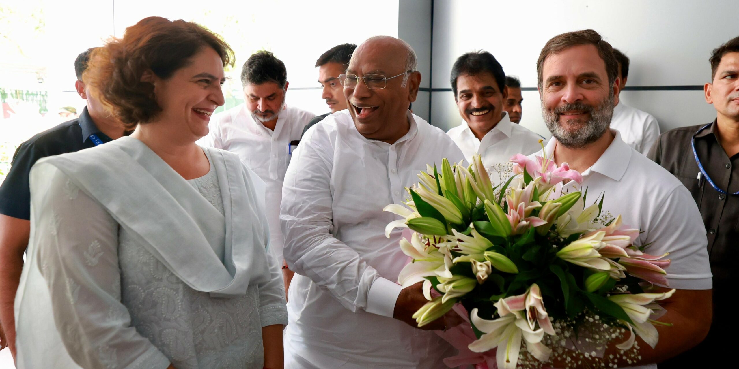 Priyanka Gandhi, Mallikarjun Kharge and Rahul Gandhi. (X)