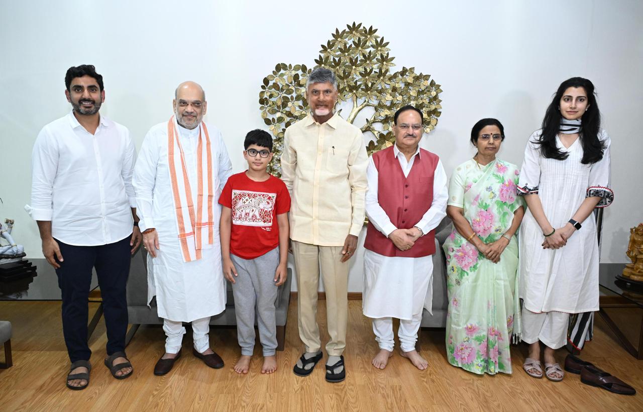 Home Minister Amit Shah, BJP president JP Nadda, reached Vijayawada on Tuesday to attend the swearing-in ceremony. (TDP/X)