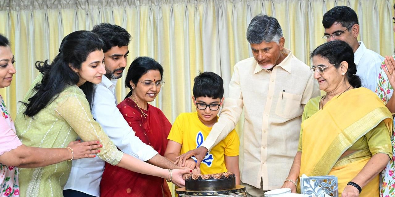 TDP supremo Chandrababu Naidu and his family celebrating the party's victory in Andhra. (Supplied)