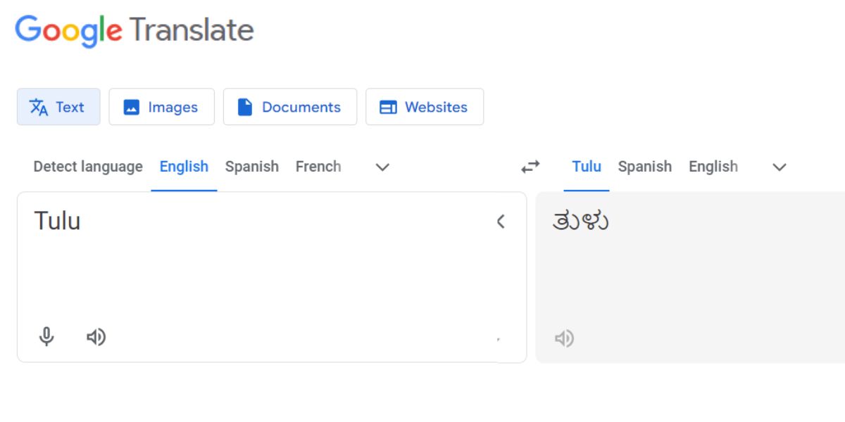 Tulu translation in Google Translate.