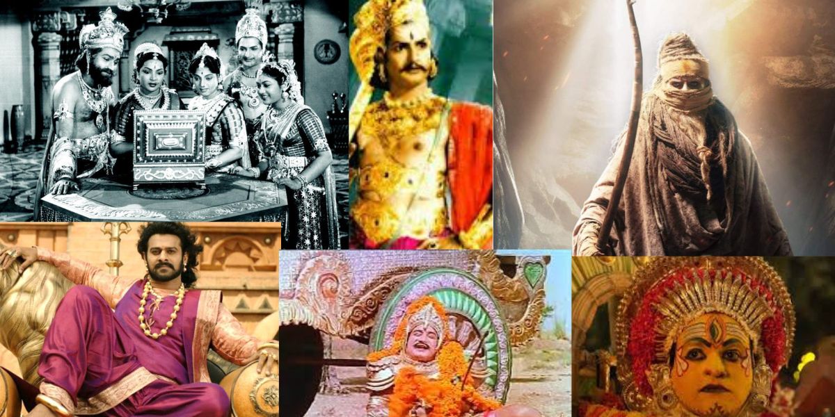 A collage of stills from 'Mayabazar', 'Bhookailas', 'Kalki 2898 AD', the 'Baahubali' franchise, 'Karnan' and 'Kantara'. (X)