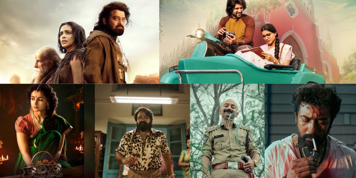 A collage of stills from 'Kalki 2898 AD', 'Mahanati', 'RRR', 'Jailer', 'Pushpa: The Rise', and 'Vikram'. (Supplied)