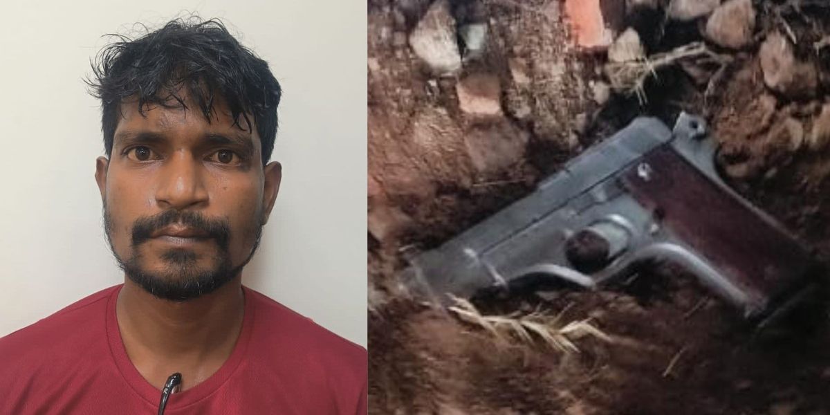 K Thiruvengadam and a country made pisol allegedly recovered by the police from the shooting site. (Supplied)