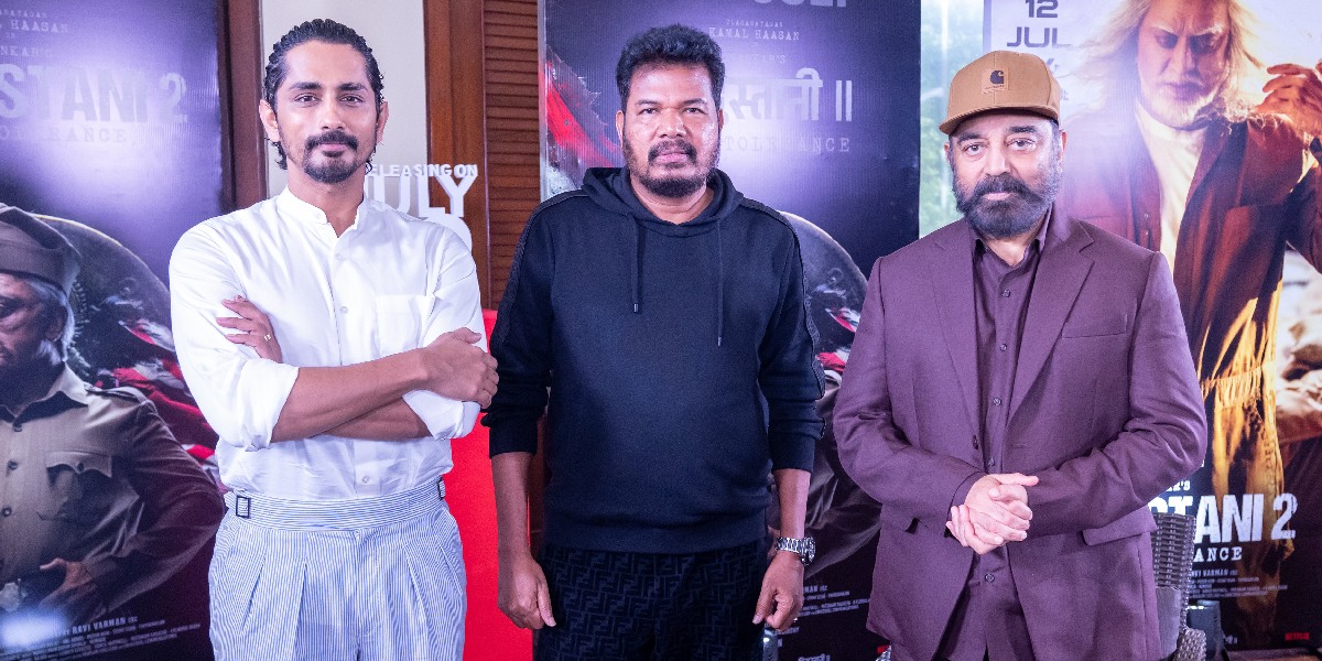 Siddharth with director Shankar and Kamal Haasan during 'Indian 2' promotions. (X)