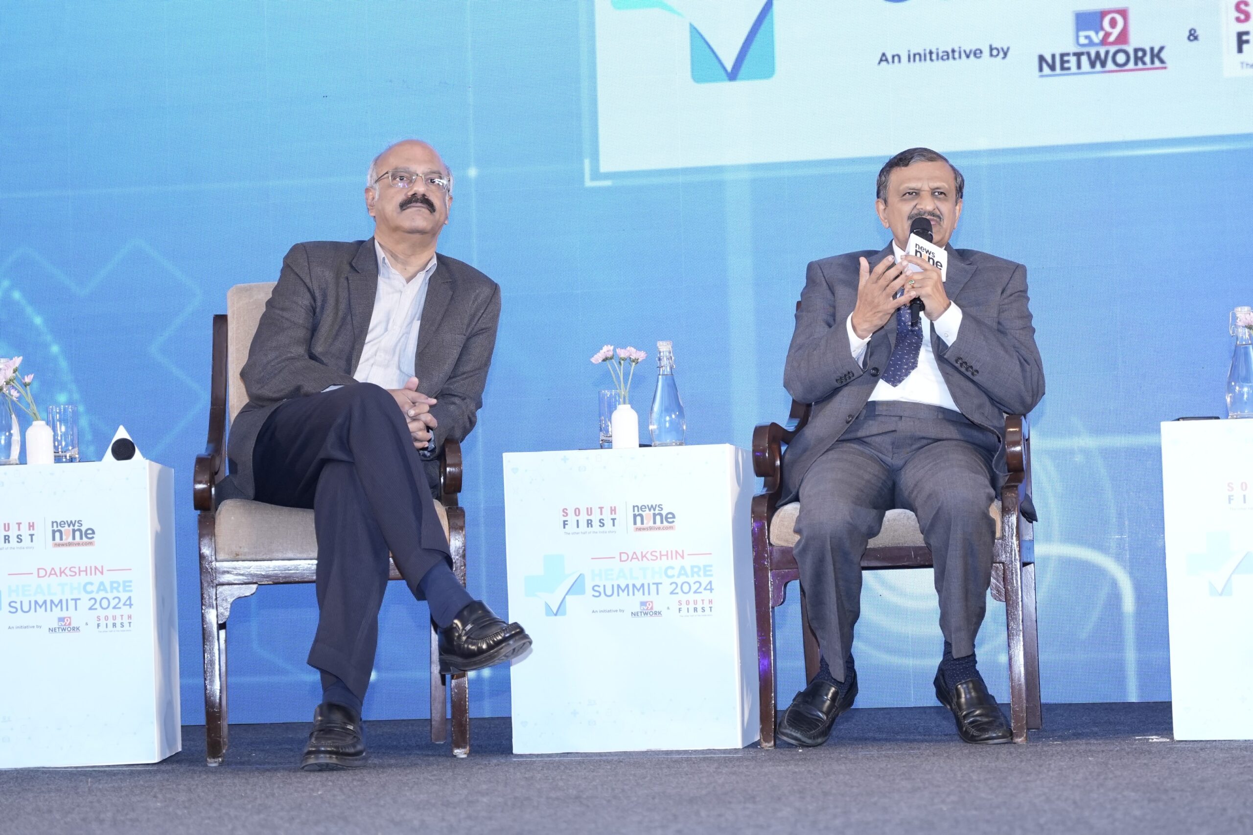 Dr CN Manjunath and Dr Nageshwar Reddy speaking at Dakshin healthcare summit