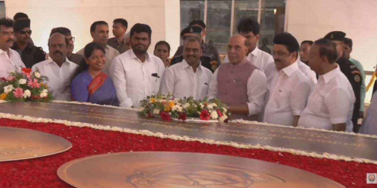 Leaders paying tribute to M Karunanidhi at the late leader's memorial in Chennai on Sunday. (CMOTamil Ndu/X)