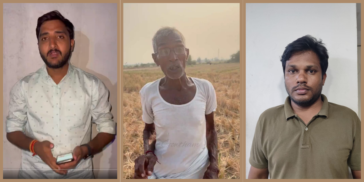 From left to right Gowtham Pothagoni, Farmer Mallaiah, and Ravi Shankar. Both Gowtham and Ravi are facing police action for criticising the government on X
