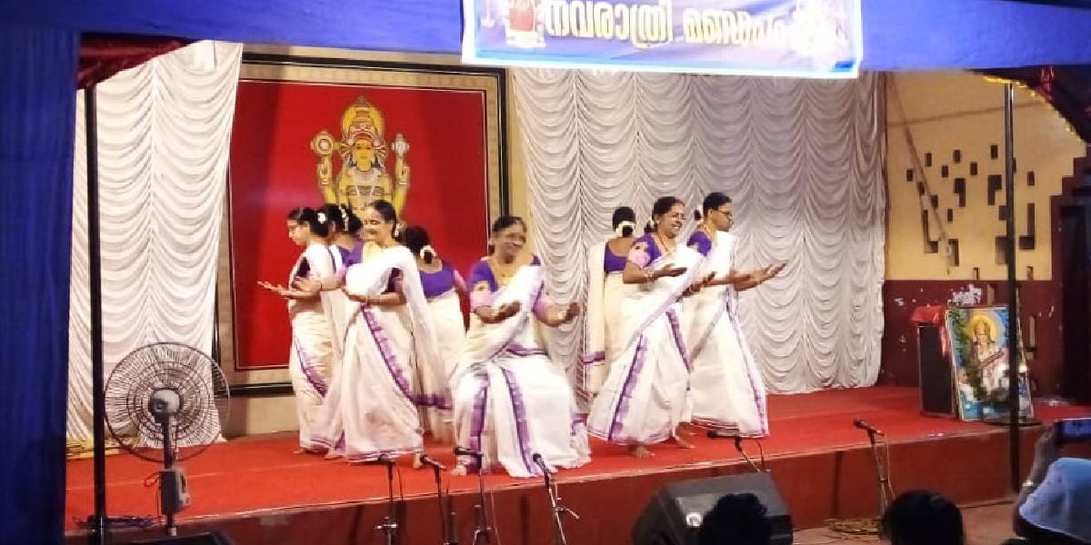 Sree Durga Kaikottikali Sangam performing at the Durga Temple in Ollur, Thrissur.