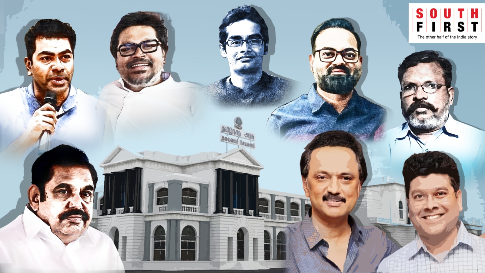 Political parties and their strategists in the run up to Tamil Nadu assembly elections 2026. Clockwise, left bottom: Edappadi Palaniswamy, Aadhar Arjun, Sunil Kanugolu, Rangesh Sridhar, Robbin Sharrma, Thol Tirumavalavan, Sabarisan V, MK Stalin. (South First)