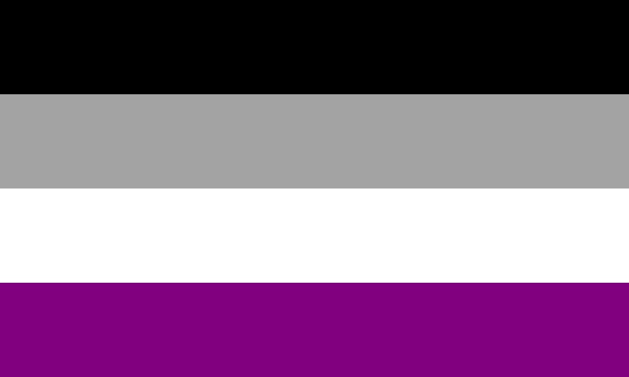 Asexuality pride flag. The black stripe in the flag represents asexuality, gray denotes gray-asexuality, white allosexuality, and purple, community. (Wikimedia Commons)