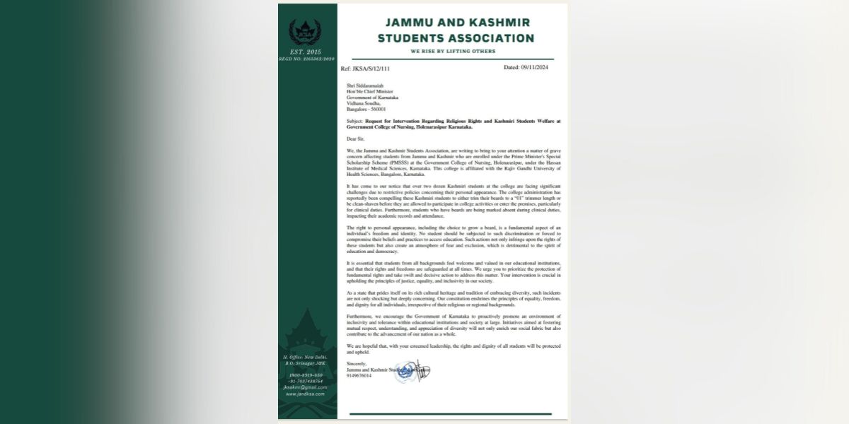 Letter to Chief Minister by JKSA.