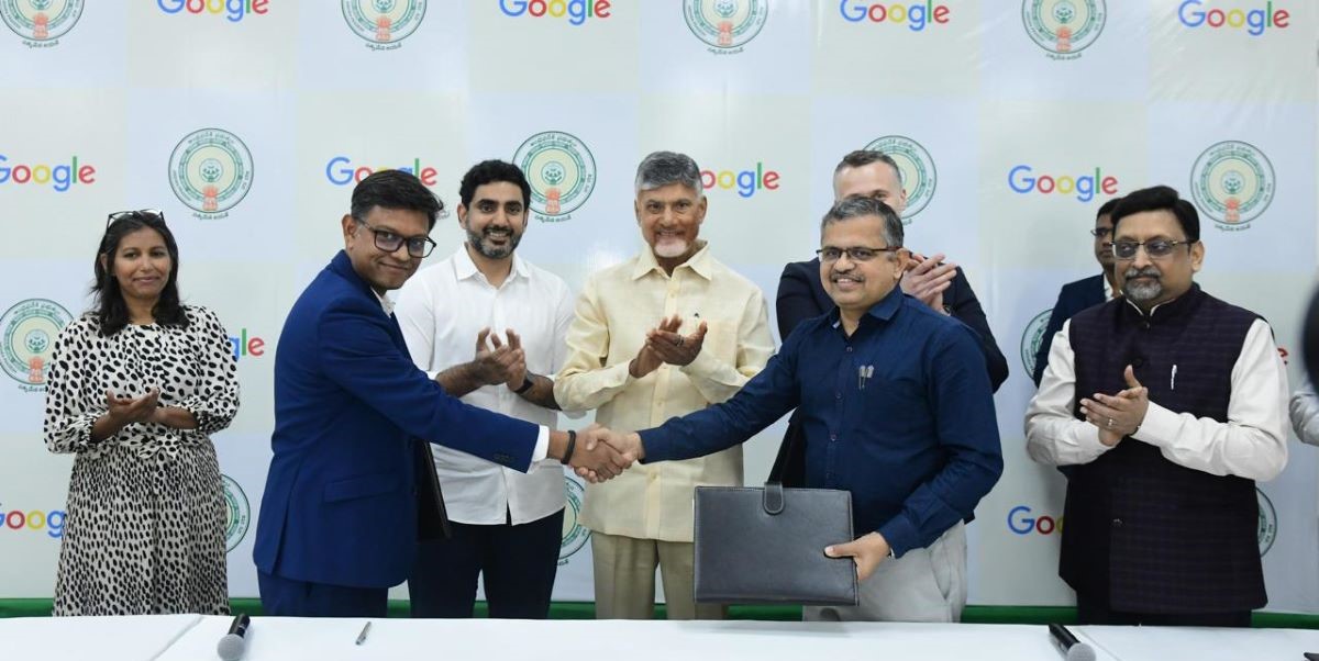 Vice President of Google Global Networking Bikash Koley with Andhra Pradesh Chief Minister Chandrababu Naidu