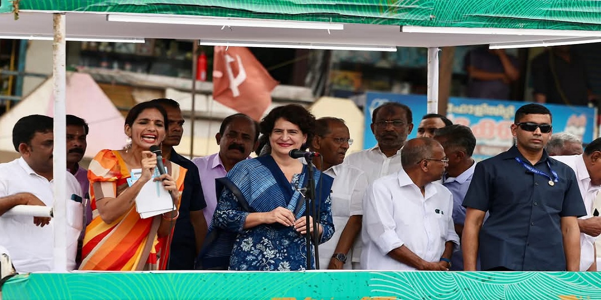 Priyanka Gandhi Vadra during roadshow in Wayanad.