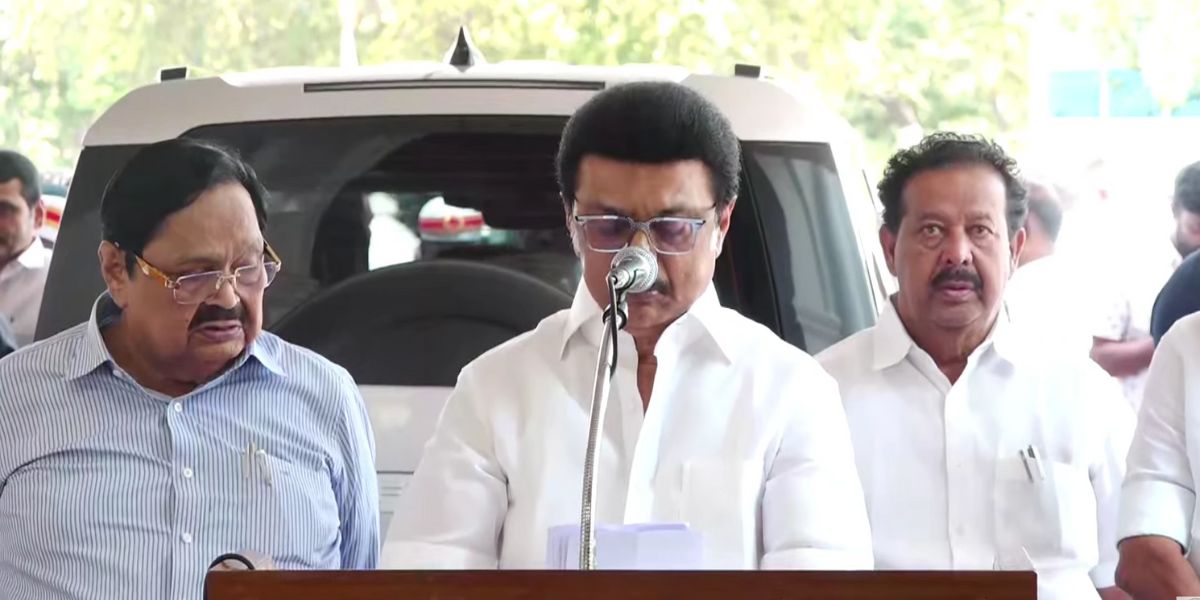 Tamil Nadu Chief Minister MK Stalin speaking to reporters.