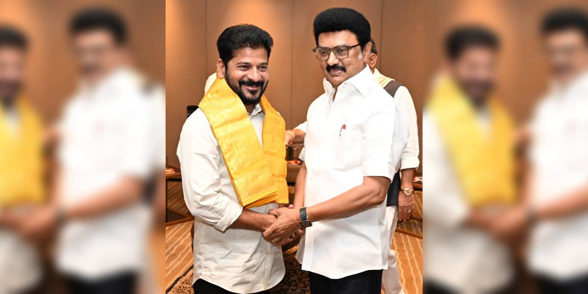 Tamil Nadu Chief Minister MK Stalin (R) receiving his Telangana counterpart A Revanth Reddy in Chennai on Saturday.