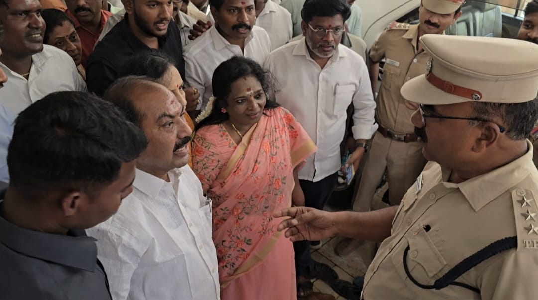 Tamilisai Soundararajan being detained from her residence in Chennai on Monday.