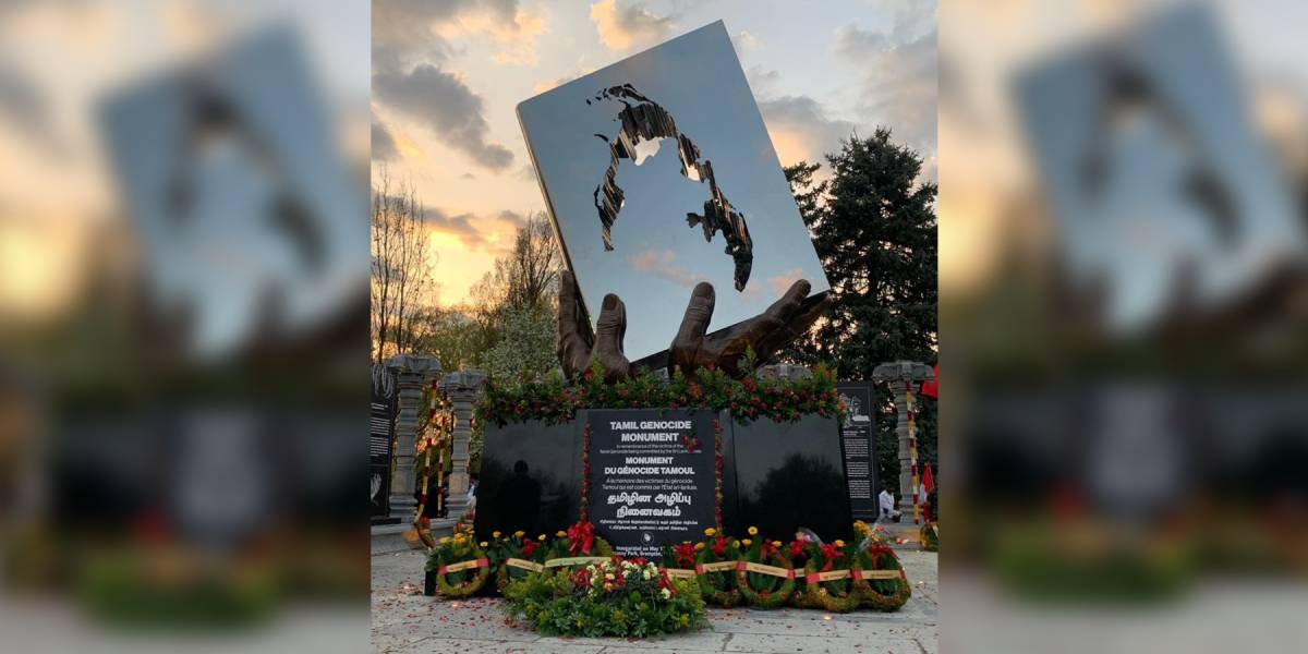 The wave of protest against the massacre of Tamils in Sri Lanka extended beyond the island nation and India. Pictured is a 'Tamil Genocide Monument' at Chinguacousy Park in Brampton, Ontario, Canada. The monument was unveiled on 10 May 2025 amidst protest by the Sri Lankan government. (Sourced)