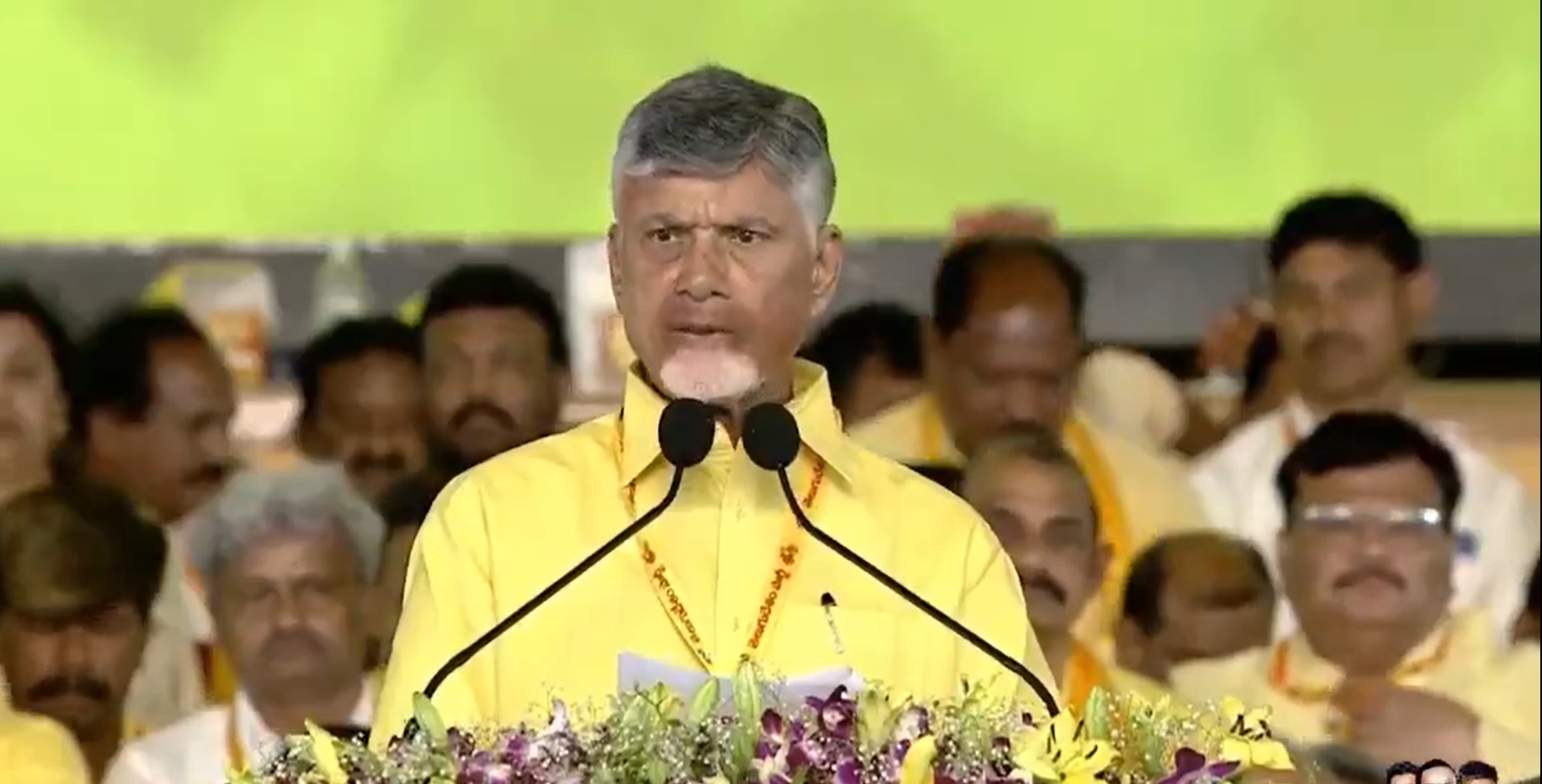 Andhra Pradesh Chief Minister and TDP chief N Chandrababu Naidu addressing the Mahanadu in Kadapa. (JaiTDP/X)