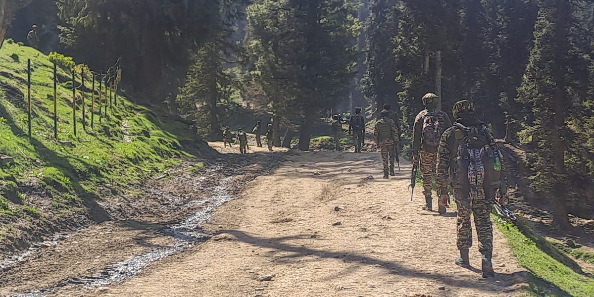 Security personnel during a search operation at Baisaran area of Pahalgam