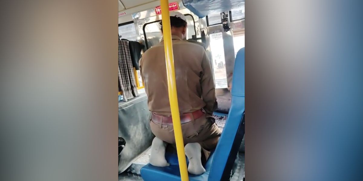 The driver offering namaz inside the bus.