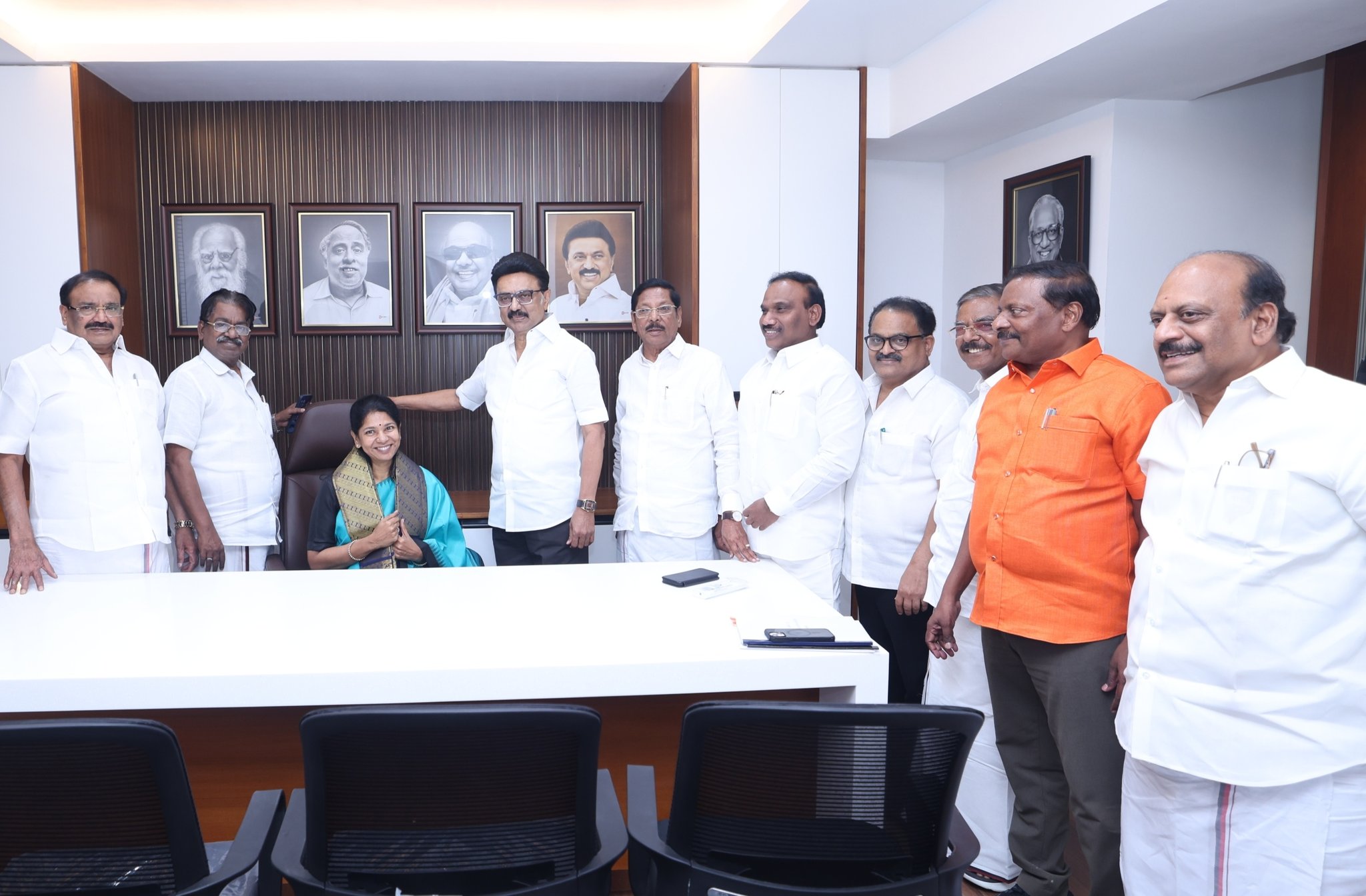 DMK leaders, including Chief Minister MK Stalin, at the newly allotted office space of K Kanimozhi.