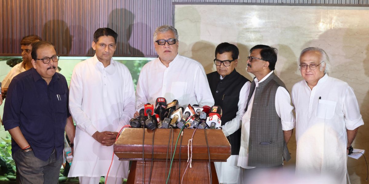 INDIA bloc leaders speaking to media after the meeting.