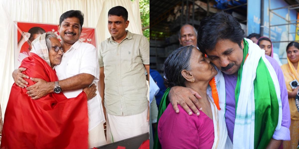 LDF candidate M Swaraj hugging writer Nilambur Ayisha, UDF candidate Aryadan Soukath during campaigning.