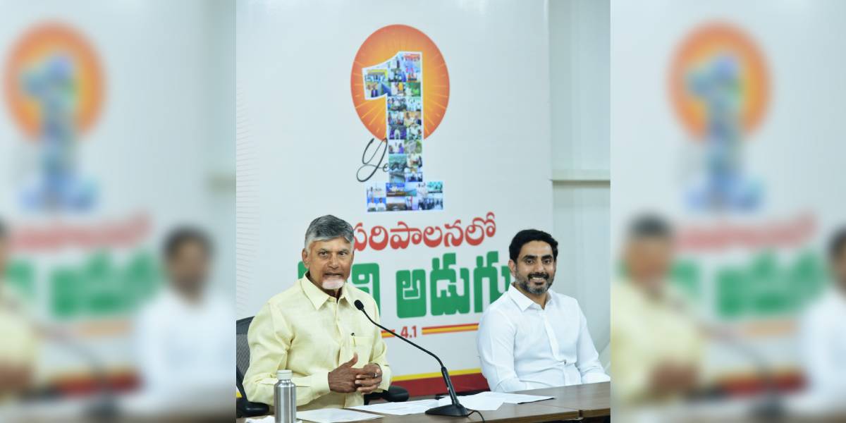Chief Minister N Chandrababu Naidu addressing the media on Thursday, 12 June. IT Minister Nara Lokesh is also seen.