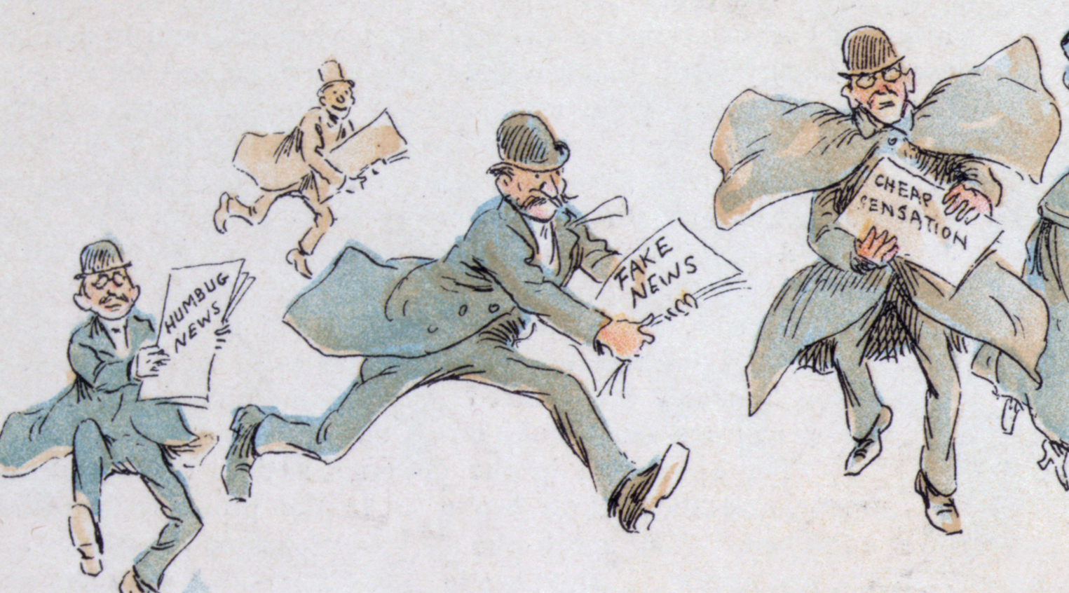 A man with 'fake news' rushing to the printing press. An 1894 illustration by Frederick Burr Opper. (Wikimedia Commons)