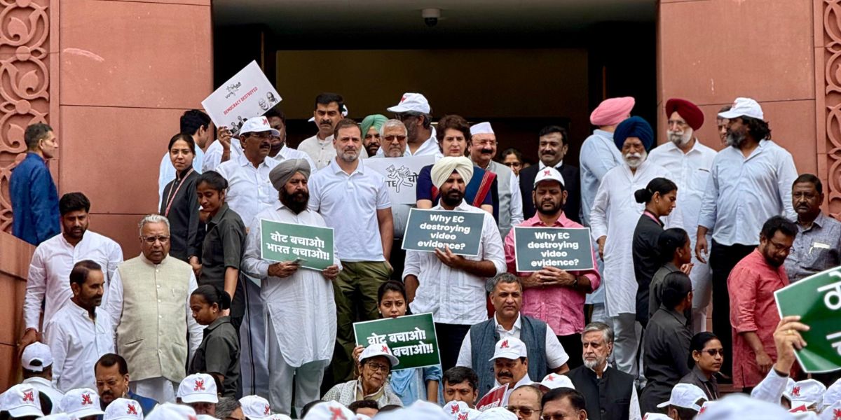 INDIA bloc MPs protested in front of the Parliament.
