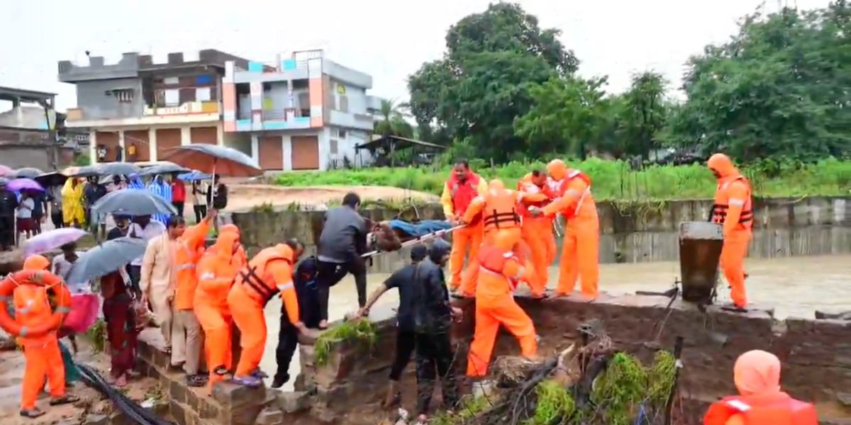 Rescue operations in a flooded area in Telangana.